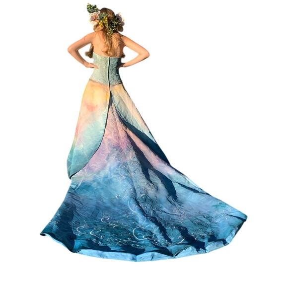 Hand-Painted One of a kind Strapless Beaded Sunset Ombre Gown -Art Couture Sz 6 - Picture 3 of 16